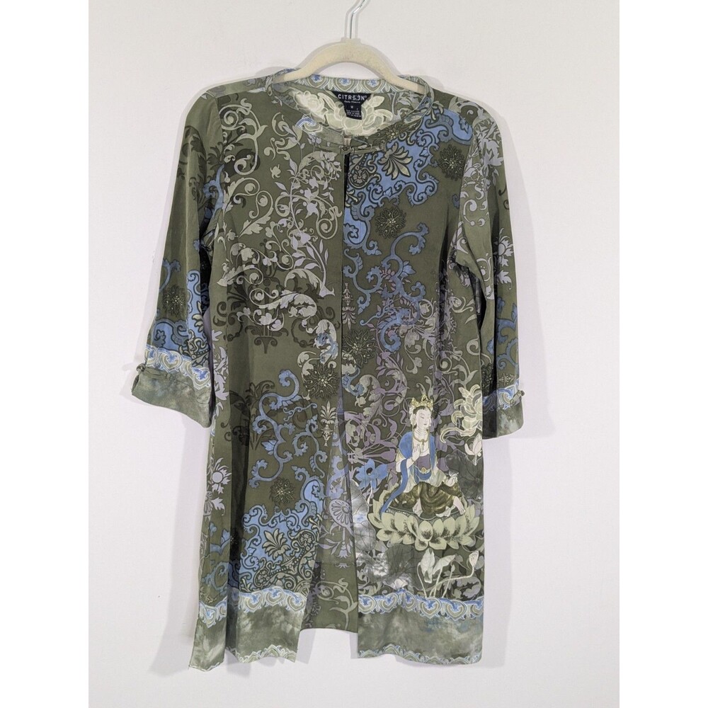 Citron Santa Monica Top Tunic Silk Jacket Geisha Floral Green 3/4 Sleeve Sz M